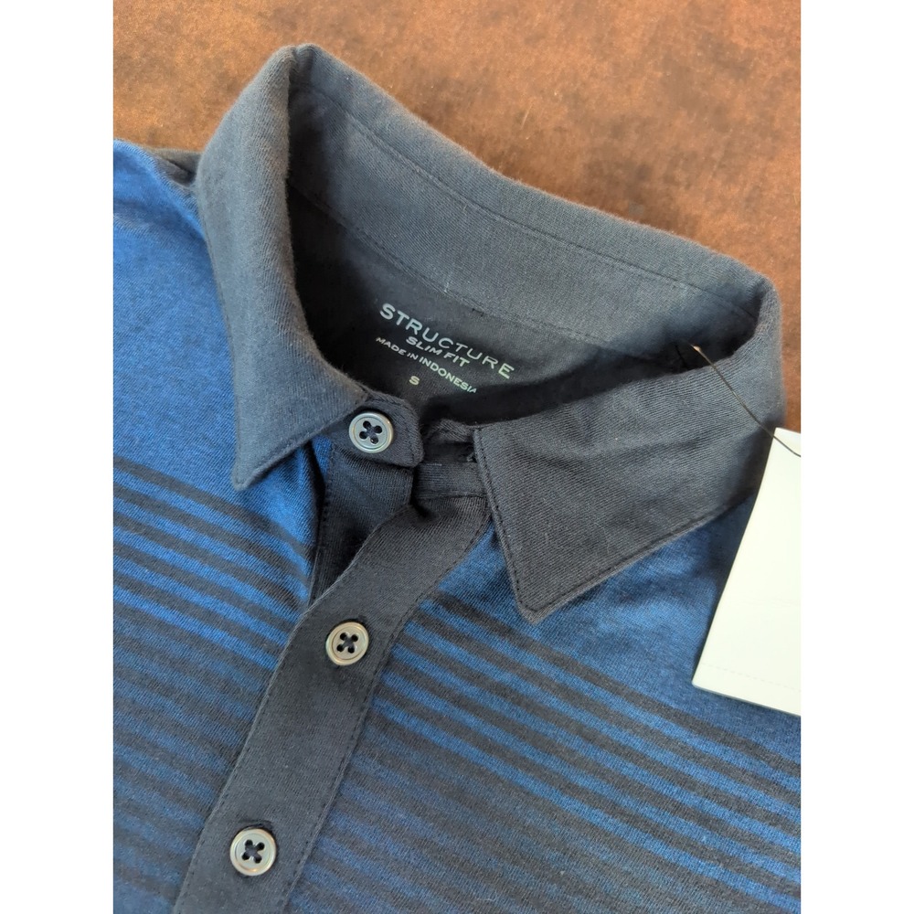 NWT Structure‎ Slim Fit Golf Polo Mens Short Sleeve Stripe Navy Royal Blue Small